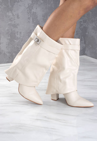 Cream Faux Leather Fold Over Buckle Shark Boot Mid