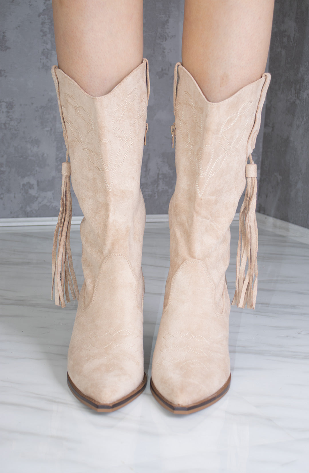 Load image into Gallery viewer, Beige Calf Length Faux Suede Tassel Cowboy Boot
