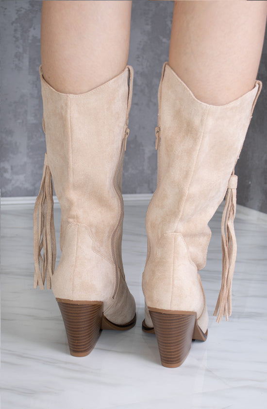 Load image into Gallery viewer, Beige Calf Length Faux Suede Tassel Cowboy Boot
