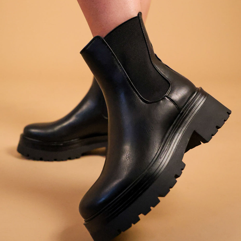 Black Faux Leather Slip On Chunky Chelsea Boots