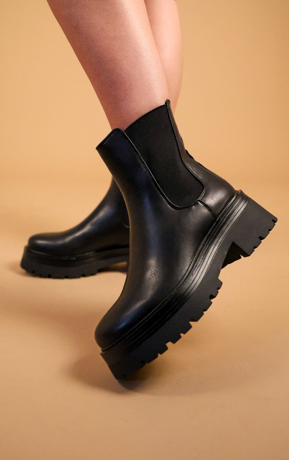 Black Faux Leather Slip On Chunky Chelsea Boots