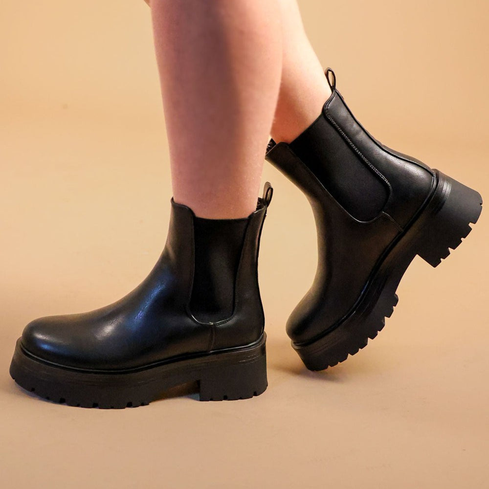 
                      
                        Black Faux Leather Slip On Chunky Chelsea Boots
                      
                    