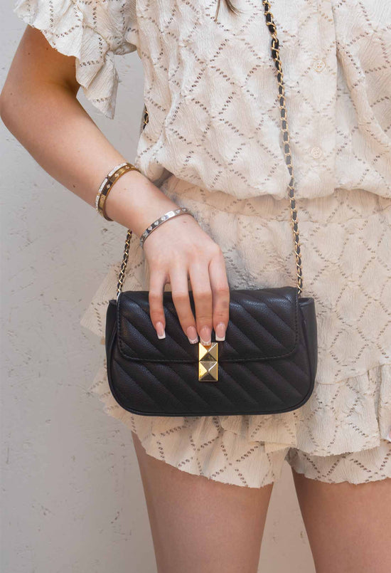 Quilted Patterned PU Leather Cross-Body Black Bag