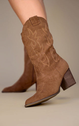 Camel Faux Suede Embroidered Western Pointed Toe Mid Calf Cowboy Boots