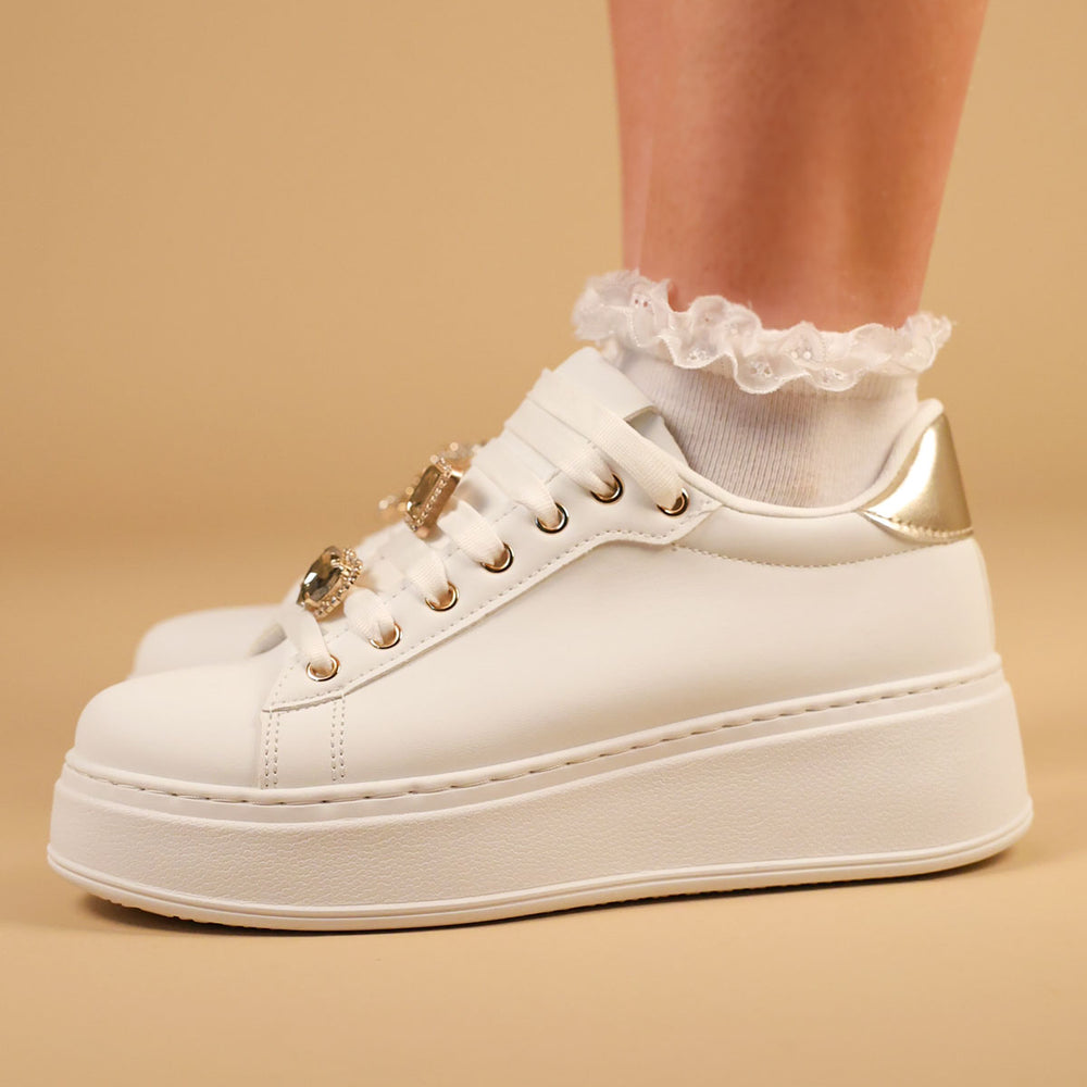 White Faux Suede Flatform With Decorative Details Trainers
