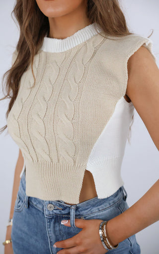 Beige Two Toned Sleeveless Cable Knit Top