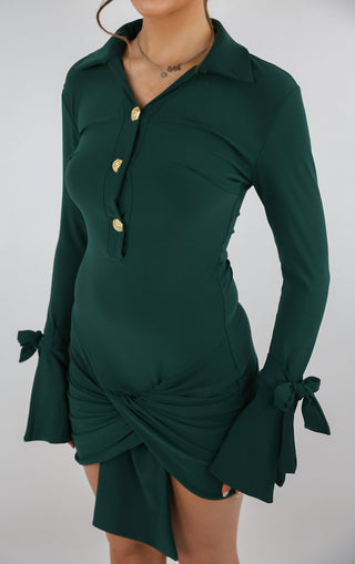 Green Gold Rose Button Wrap Dress