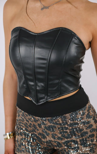 Black PU Leather Corset Crop Bandeau Top