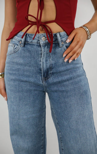 Blue Denim Stretchy Straight Leg Jeans