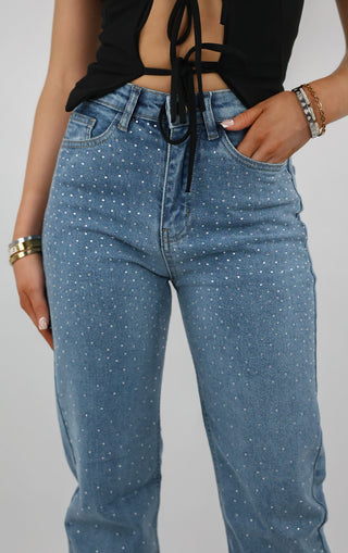 Blue Denim Diamante Embellished Straight Leg Jeans