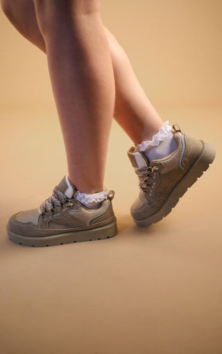 Beige Faux Suede Flatform With Detailing Trainers