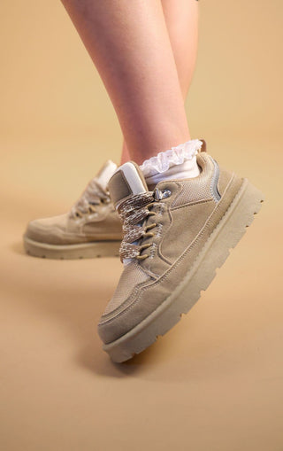 Beige Faux Suede Flatform With Detailing Trainers