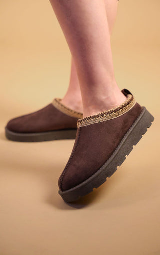 Chocolate Tazmin Aztec Detail Faux Fur Lining Platform Slipper