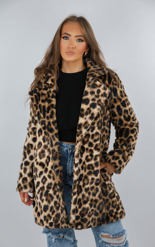 Leopard Print Faux Fur Button Up Coat