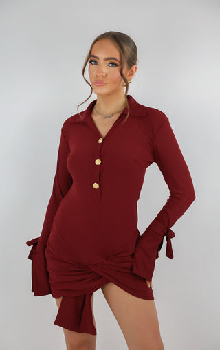 Burgundy Gold Rose Button Wrap Dress