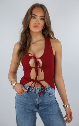 Burgundy Tie Up Sleeveless Top Waistcoat