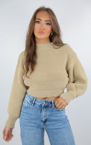 Beige Cropped Knit Baggy Jumper