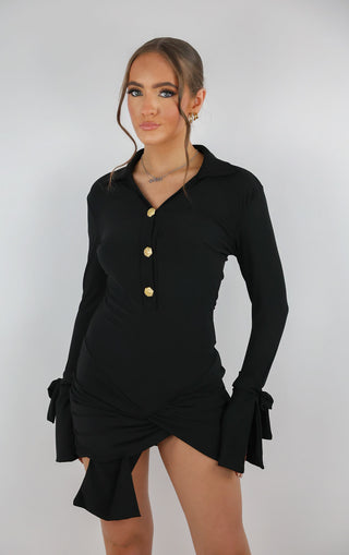 Black Gold Rose Button Wrap Dress