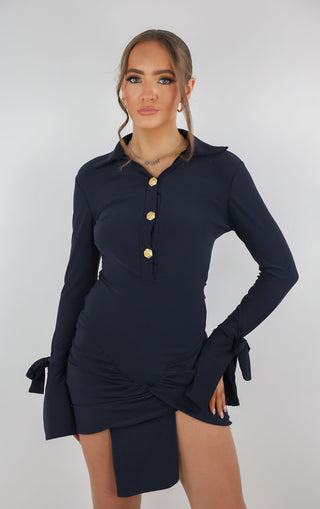 Navy Gold Rose Button Wrap Dress