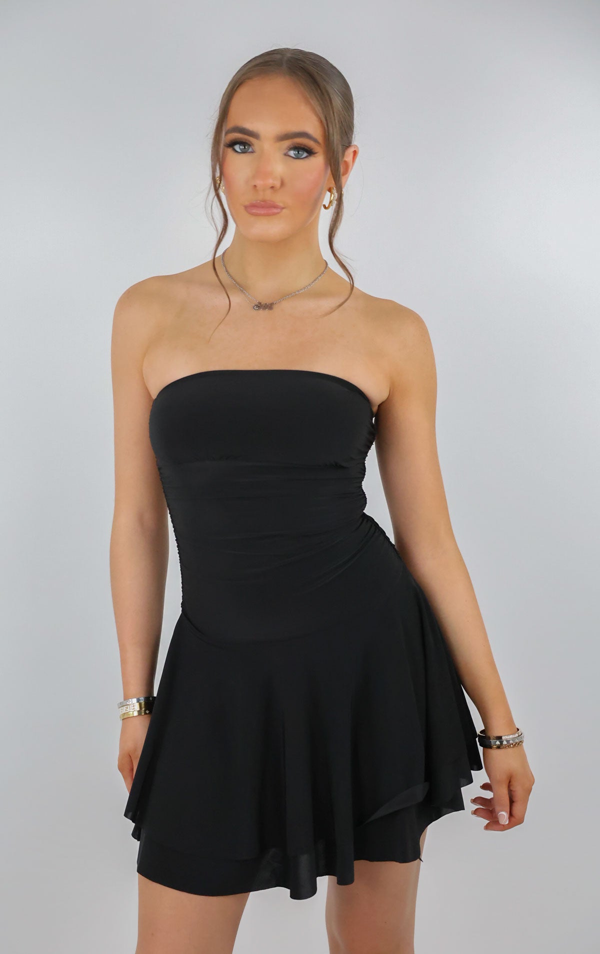 Women Black Bandeau Ruched Skater Mini Dress