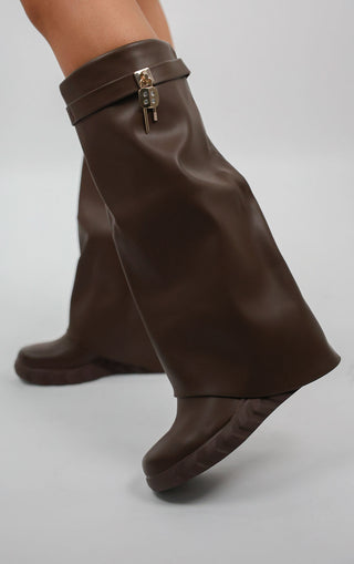 Brown Wedge PU Leather Fold Over Shark Lock Detail Knee High Boot