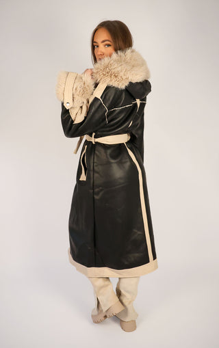 Black PU Leather Long Aviator Trench Coat With Fur Lining