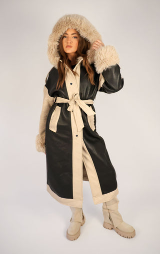 Black PU Leather Long Aviator Trench Coat With Fur Lining