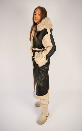 Black PU Leather Long Aviator Trench Coat With Fur Lining