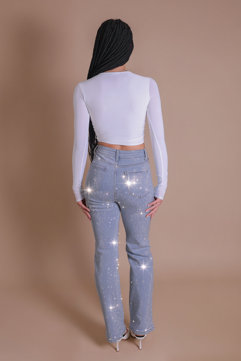 Diamond Ruffled Jeans Women's Rhinestone Straight Leg Jeans | Sparkling Diamante Denim - Miss ...