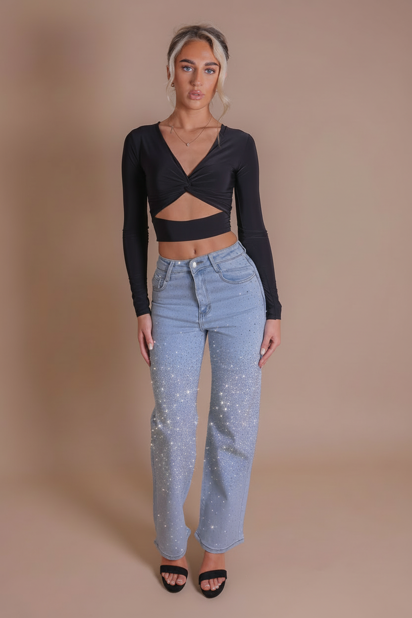 Diamante Jeans Black Top Front View - More Enhanced