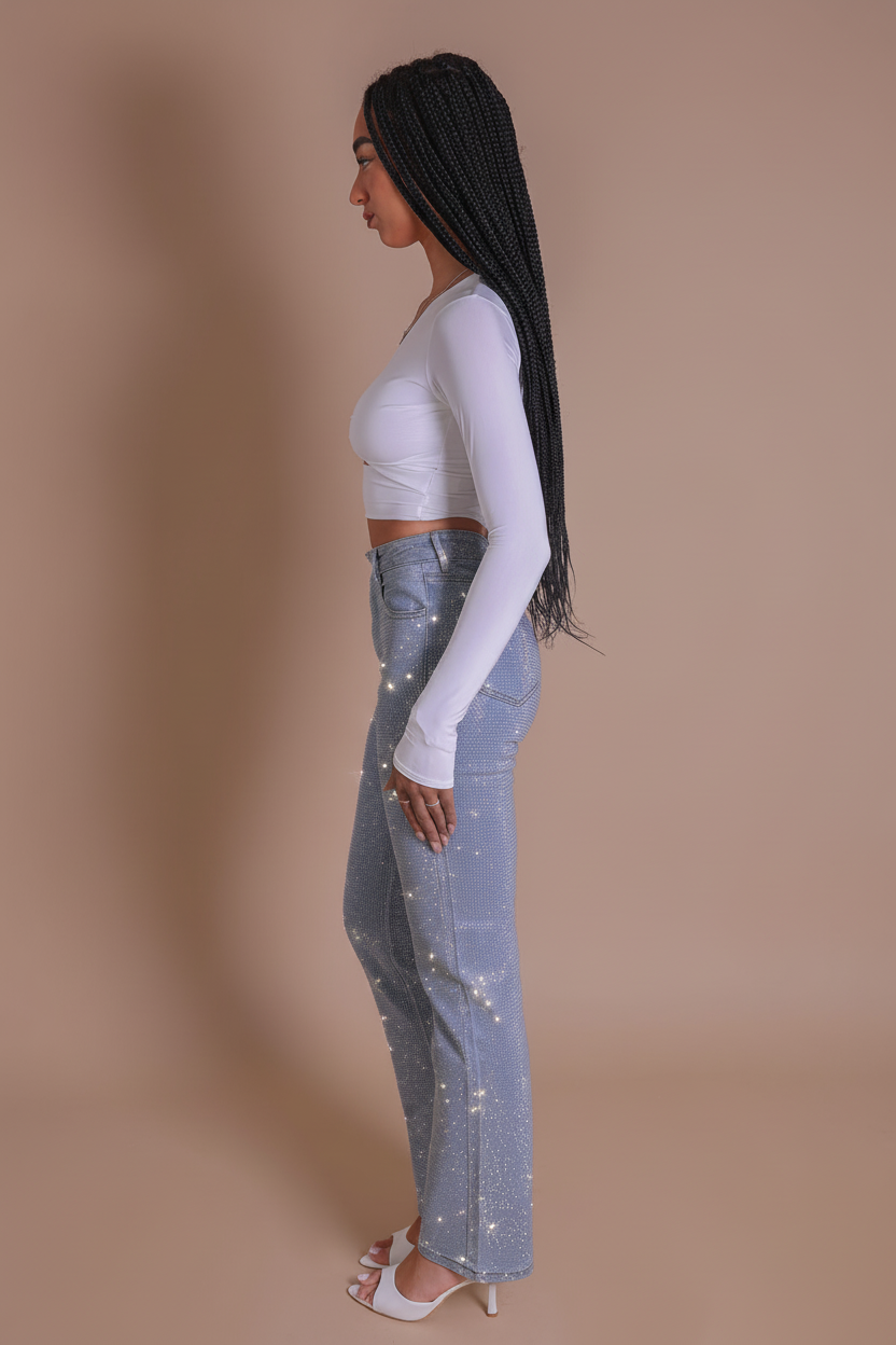 Diamond Ruffled Jeans Women's Rhinestone Straight Leg Jeans | Sparkling Diamante Denim - Miss ...