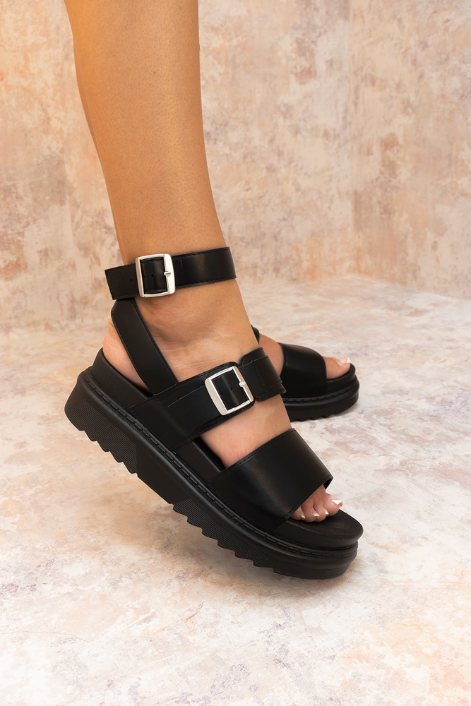 Black Chunky Buckle Faux Leather Gladiator Sandal