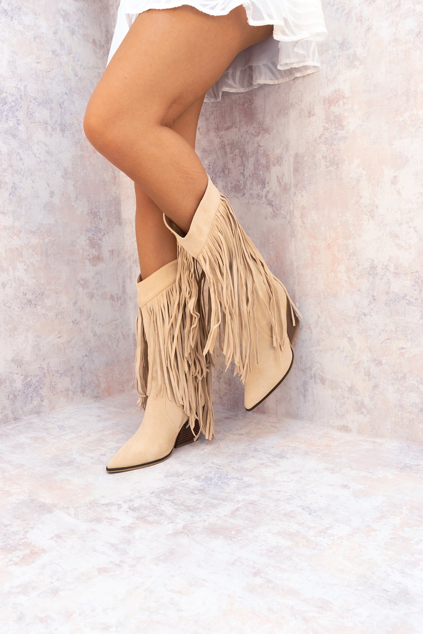 Load image into Gallery viewer, Beige Mid Calf Length Western Faux Suede Fringe Cowboy Boot
