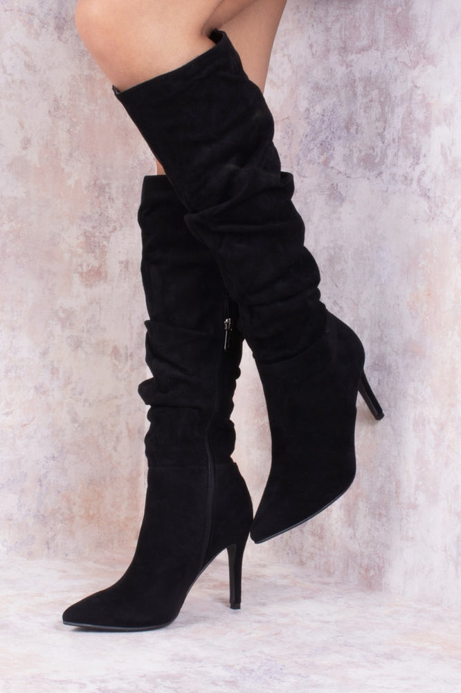 Black Ruched Pointed Toe Stiletto High Heel Knee High Boots