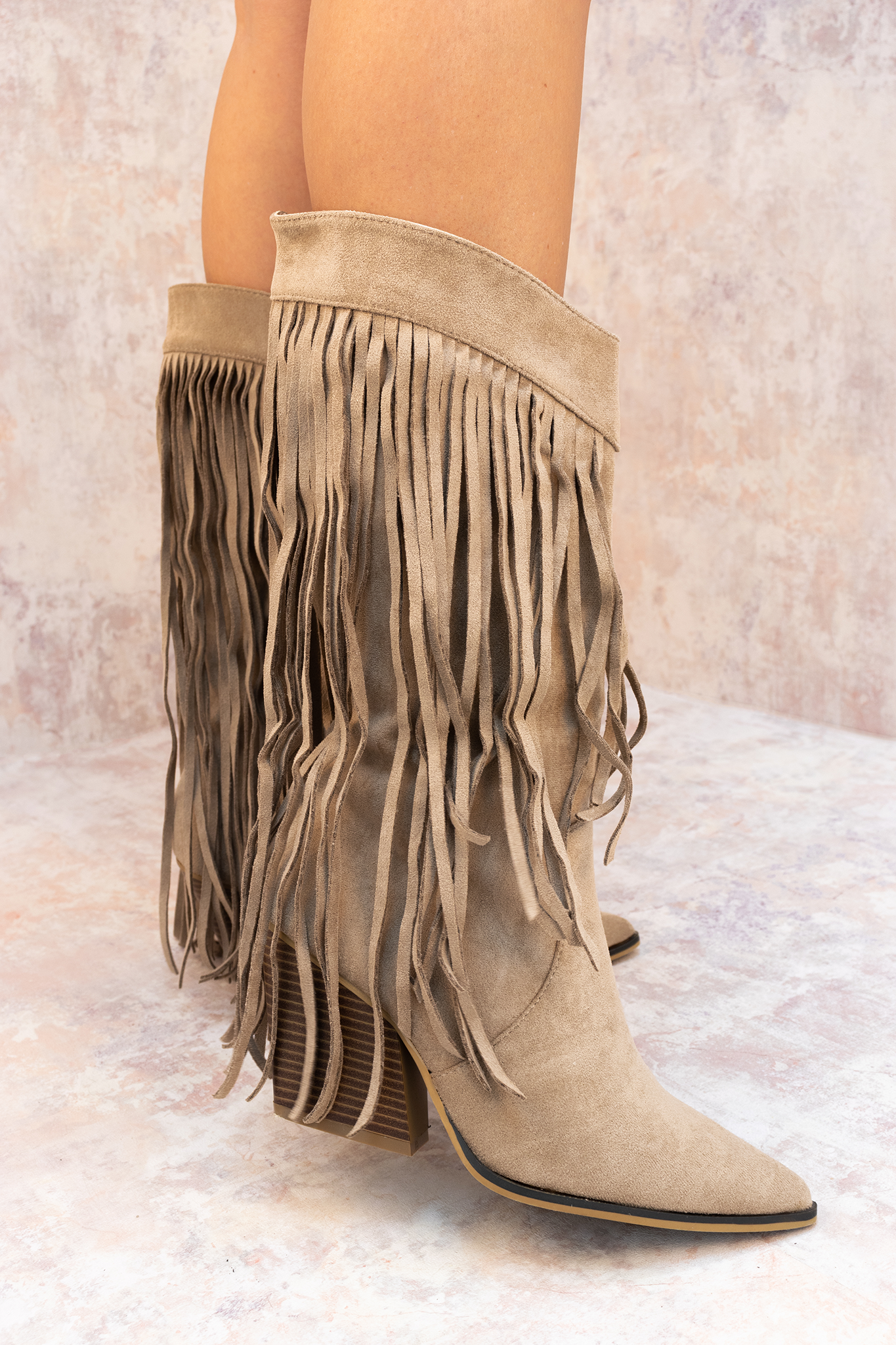Taupe Mid Calf Length Western Faux Suede Fringe Cowboy Boot
