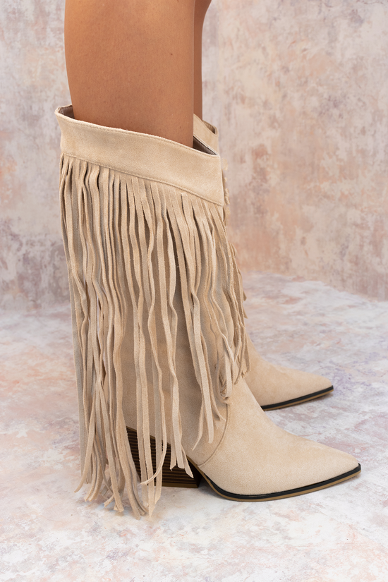 Load image into Gallery viewer, Beige Mid Calf Length Western Faux Suede Fringe Cowboy Boot
