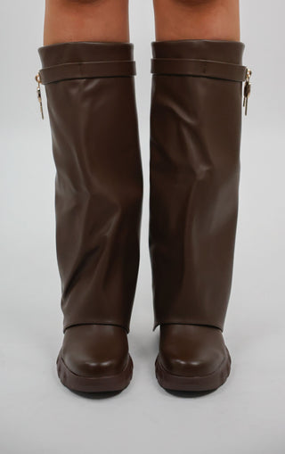 Brown Wedge PU Leather Fold Over Shark Lock Detail Knee High Boot