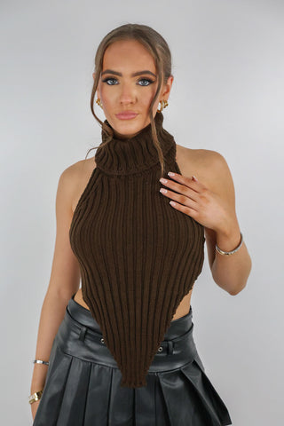 Brown Knit Asymmetric Open Back Crop Top