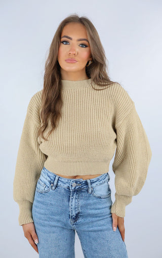 Beige Cropped Knit Baggy Jumper