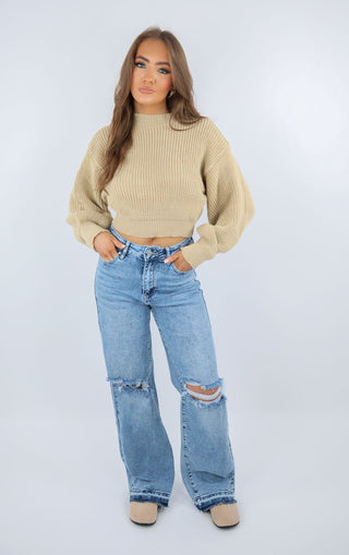 Beige Cropped Knit Baggy Jumper