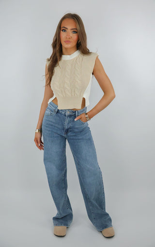 Beige Two Toned Sleeveless Cable Knit Top