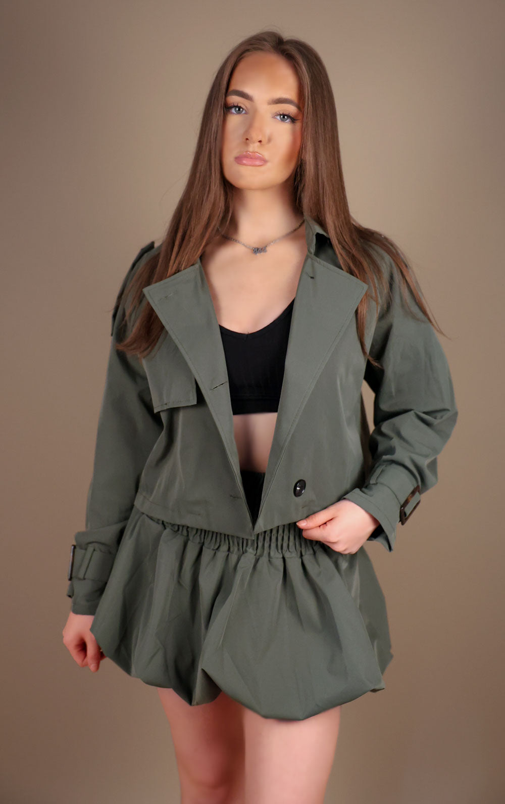 Khaki Cropped Trench Jacket