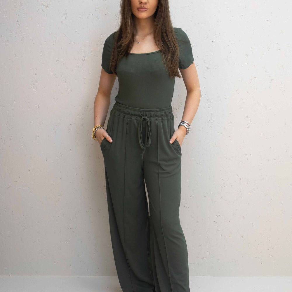 Bella Green Ribbed Bodysuit & Straight Leg Trouser Co-Ord Set