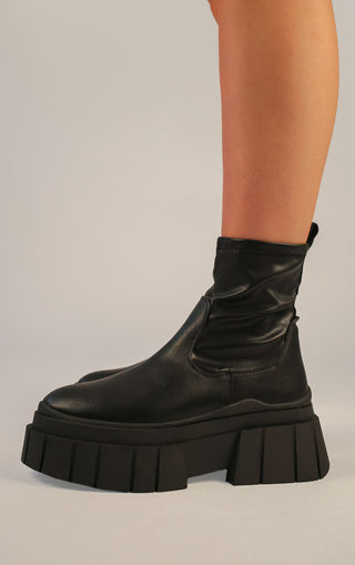 Black PU Leather Chunky Platform Chelsea Ankle Boot