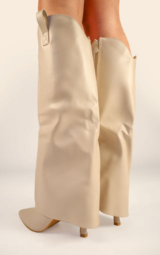 Beige Stiletto PU Leather Fold Over Shark Knee High Boot