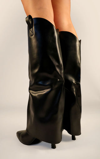 Black Stiletto PU Leather Fold Over Shark Knee High Boot