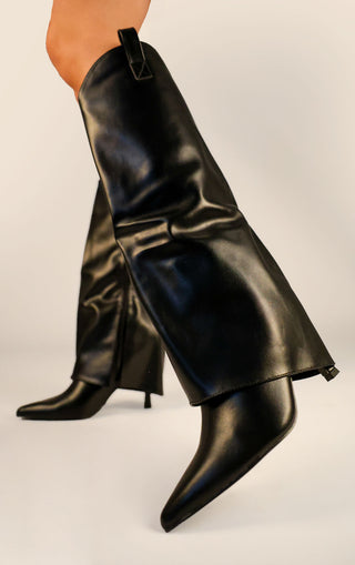 Black Stiletto PU Leather Fold Over Shark Knee High Boot