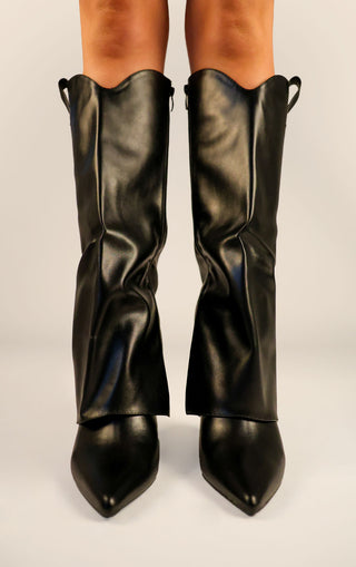 Black Stiletto PU Leather Fold Over Shark Knee High Boot