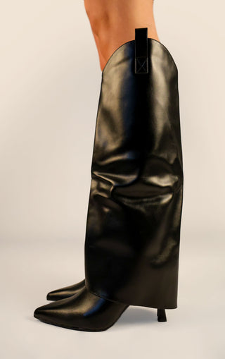 Black Stiletto PU Leather Fold Over Shark Knee High Boot