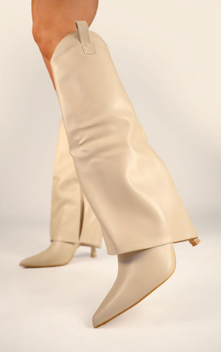 Beige Stiletto PU Leather Fold Over Shark Knee High Boot